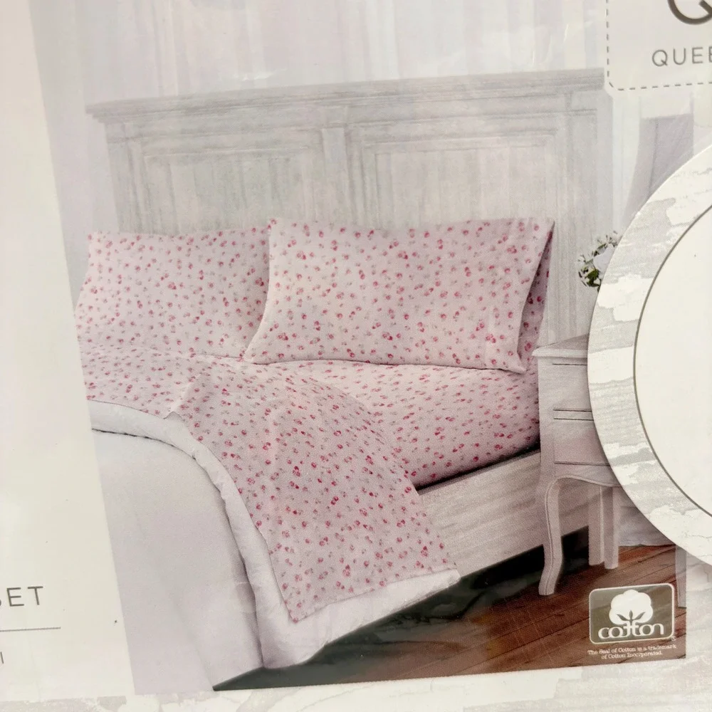 Rachel Ashwell The Farmhouse Queen Sheet‎ Set Pink Floral Strawberry 100% Cotton